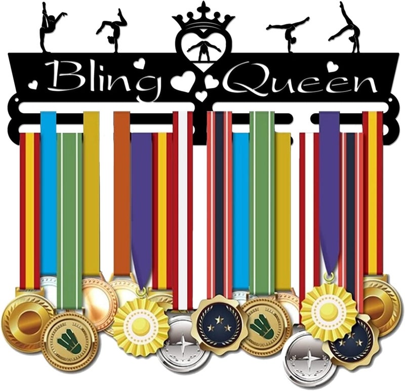 SUPERDANT Medal Holder Display Woman Gymnastics Medal Hanger Motivating Word Bling Queen Black Iron Wall Mounted Hooks for Sports Competition Wall Hanging Rack Gifts for Athletes 15.75X6in - Image 1